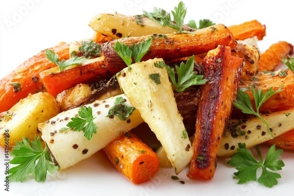 Fototapeta Colorful Roasted Root Vegetables with Fresh Herbs Showcasing a Blend of Carrots and Parsnips Cooked to Perfection on a Bright White Plate