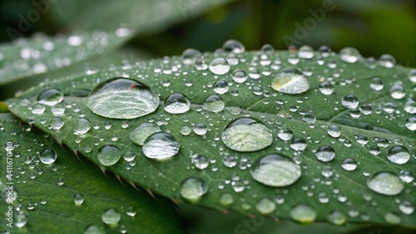Fototapeta Close Up of Tiny Water Beads on Vibrant Green Leaf Surface Under Soft Morning Light Suitable for Nature Backgrounds