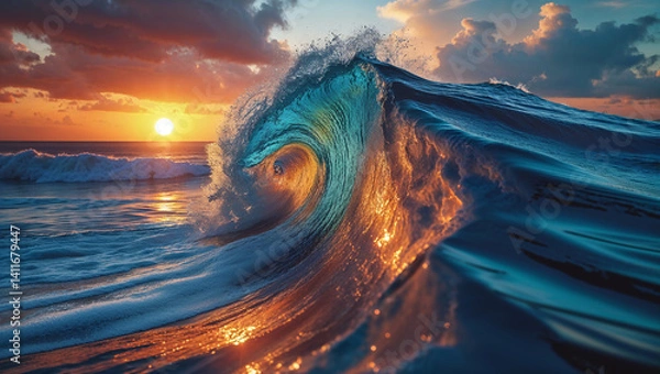 Obraz Golden sunset illuminating powerful ocean wave breaking at sunset