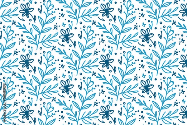 Fototapeta seamless blue botanical floral pattern in single line format with rose and leaf illustrations for pillow and textile use

