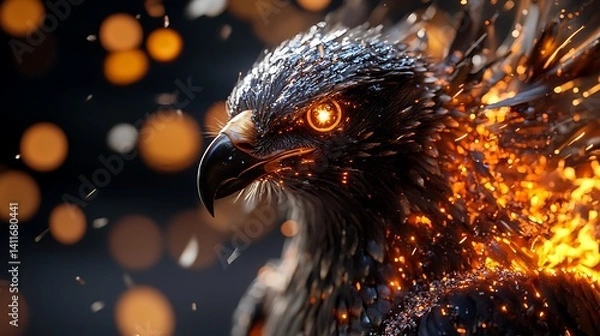 Obraz Fiery Eagle Glowing Eyes with Burning Feathers.