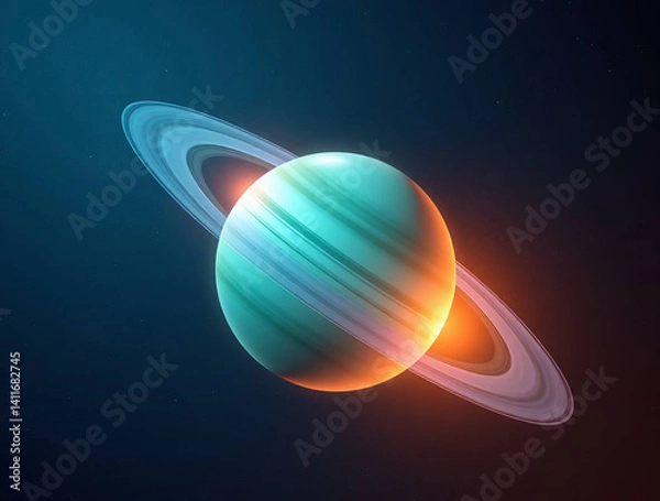 Fototapeta a stylized depiction of a planet with rings, reminiscent of Saturn, set against a deep blue cosmic background