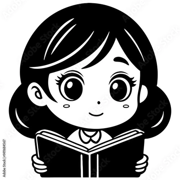 Fototapeta Happy Little Girl Reading Book Vector Illustration Cute Character Design for Educational Use