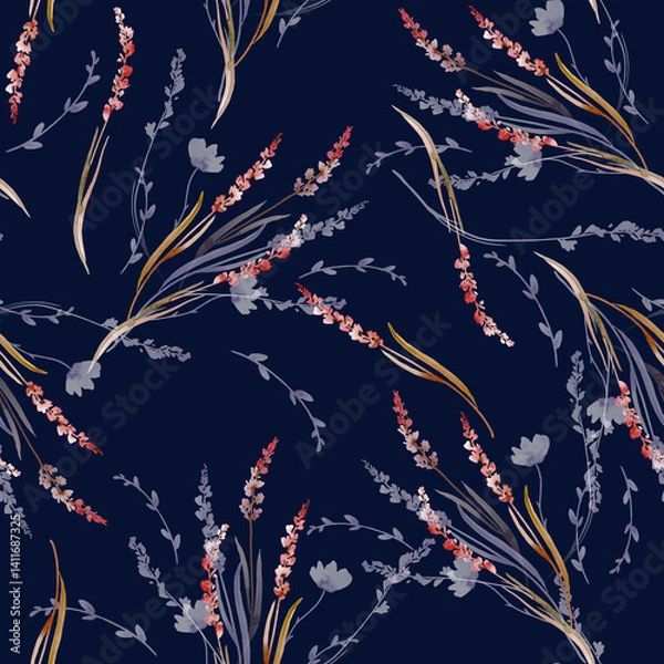 Fototapeta Seamless Watercolor Wildflower Pattern with Soft Botanical Elements