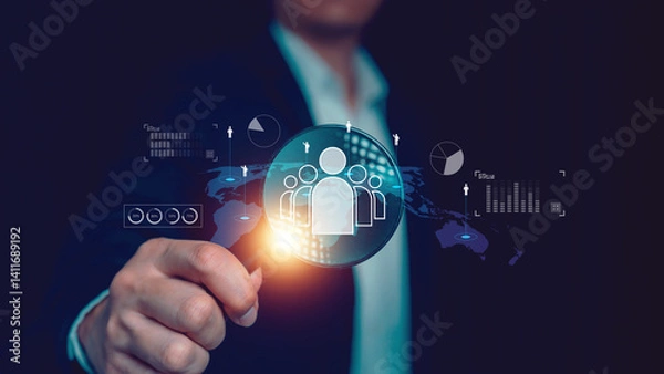 Fototapeta Customer Relationship Management, Businessman hold magnifying glass focus customer service network technology, HR hiring to marketing corporate