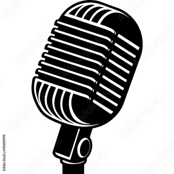 Fototapeta Vector silhouette of a vintage microphone with a ribbed body and wide head, clean sharp lines 