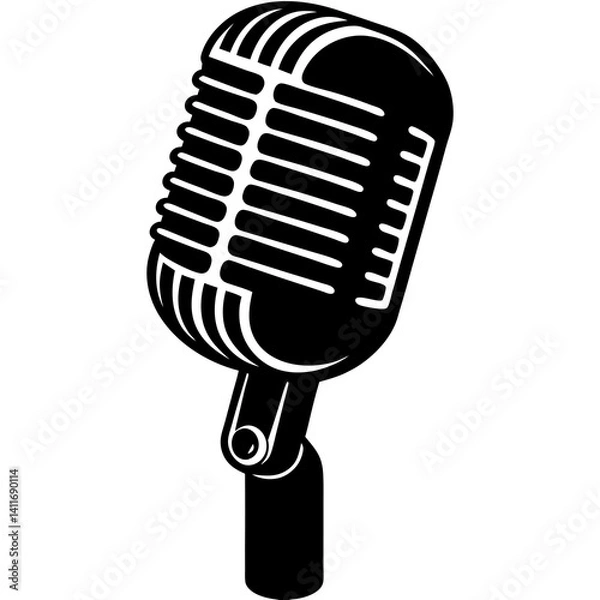 Fototapeta Vector silhouette of a vintage microphone with a ribbed body and wide head, clean sharp lines 