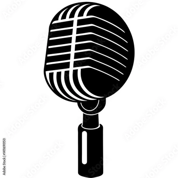 Fototapeta Vector silhouette of a vintage microphone with a ribbed body and wide head, clean sharp lines 