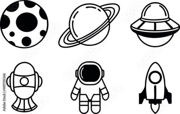 Fototapeta Various celestial icons including planets and an astronaut explored in a minimalist design