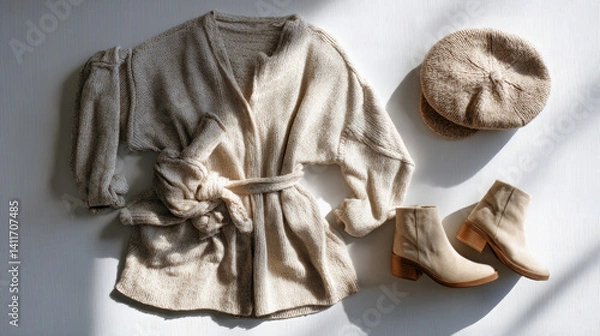 Fototapeta Folded oversized knitted cardigan accompanied by two matching hats and ankle boots on a light background, ideal for a relaxed autumn look during a casual outing