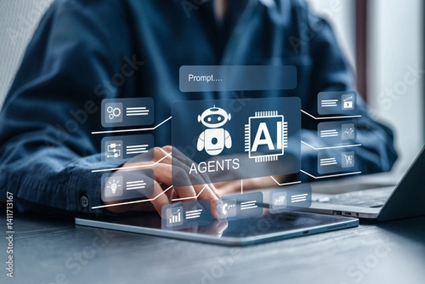 Fototapeta AI Agents Businessmen use AI platforms with AI Agents to create content, chat, and help provide ideas to improve their organization or company to increase sales, etc.