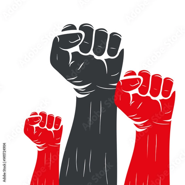 Obraz Vector Hand raised air fighting for human rights. Icon of a raised fist symbolizing unity, strength, and solidarity.
