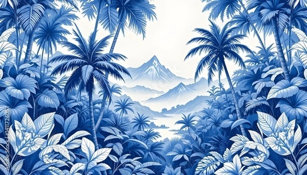 Obraz Seamless Blue and White Cobalt Tropical Jungle Pattern with Palms and Mountains Classic Hand Drawn Rainforest Toile Print Wallpaper Mural Design