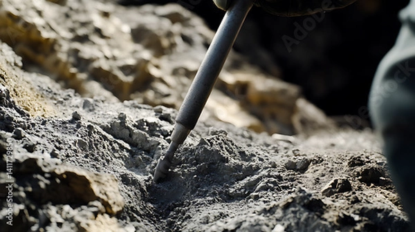 Fototapeta Miner measuring the depth of a lithium deposit with a probe. Featuring geological survey