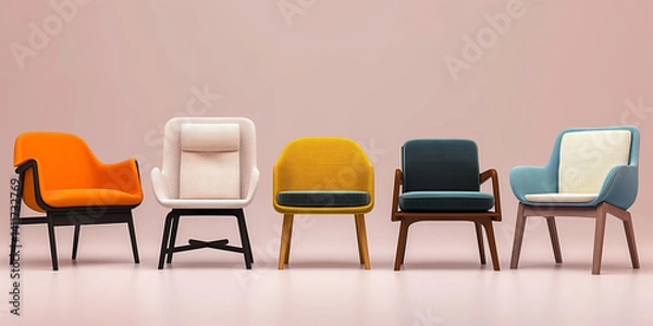 Fototapeta モダンチェア, ミッドセンチュリーチェア, アームチェア, ラウンジチェア, デザイナーズチェア, インテリアデザイン, スカンジナビアンデザイン, ミニマリズム, 家具, 木製脚, 張り地, ソフトシーティング, コンテンポラリーデザイン, レトロスタイル, 居心地の良い, リビングルーム, スタイリッシュチェア, ホームデコ, エレガント家具, クリーン背景, ニュートラルカラー, 木とファブ