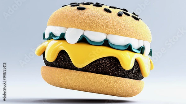 Obraz 3D cartoon cheeseburger with sesame bun on light background