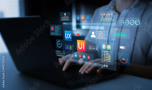 Fototapeta Holographic UI-UX, display icons of UX-UI designer, creative planning, data visualization. Web design, application design,coding develop.UX-UI design web and user design development.