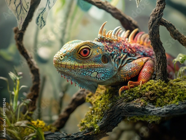 Fototapeta A colourful iguana with multi-colored scales perched on moss covered branch in a glass terrarium habitat