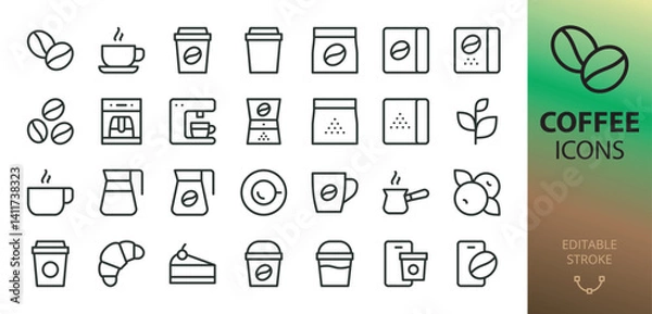 Fototapeta Coffee line icons set. Set of coffee paper cup, beans, berry, hot mug of cappuccino beverage, coffee maker machine, decanter, cafe app vector icon with editable stroke