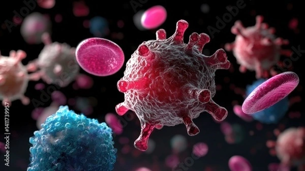 Obraz Colorful 3D Rendering of Virus and Human Cells Under Microscope