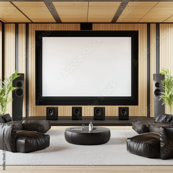 Fototapeta Modern Home Theater Setup with Cozy Seating and Large Screen