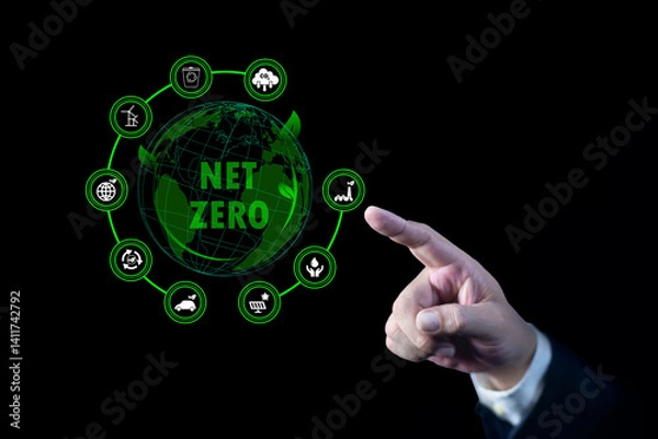 Fototapeta Businessman touching Net Zero icon. natural environment A climate-neutral long-term strategy greenhouse gas emissions targets. concept of carbon neutral and net zero.