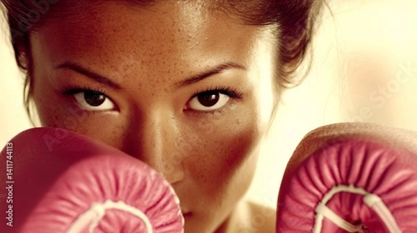Obraz Asian Fitness Model in Pink Boxing Gloves Focused and Ready for Action