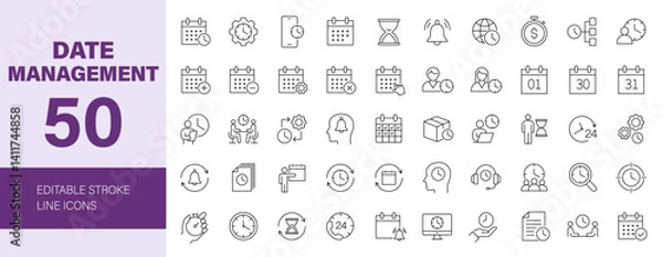 Fototapeta Date Management icon set. Containing schedule, calendar, planning, time, hourglass, stopwatch, alarm, clock and more. Editable line icons. Vector illustration.