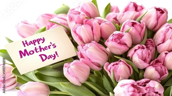 Obraz White background highlights a pink tulip bouquet with a "Happy Mother's Day!" card in a studio shot, soft lighting creating a warm and loving atmosphere.