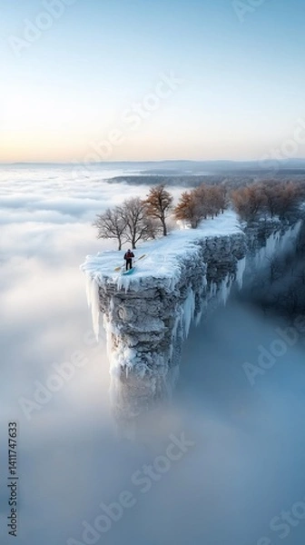 Fototapeta Solitary hiker on a snowy clifftop, above a sea of clouds