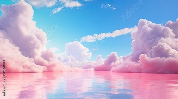 Obraz Serene Horizon with Pink Clouds and Reflective Calm Water Surface