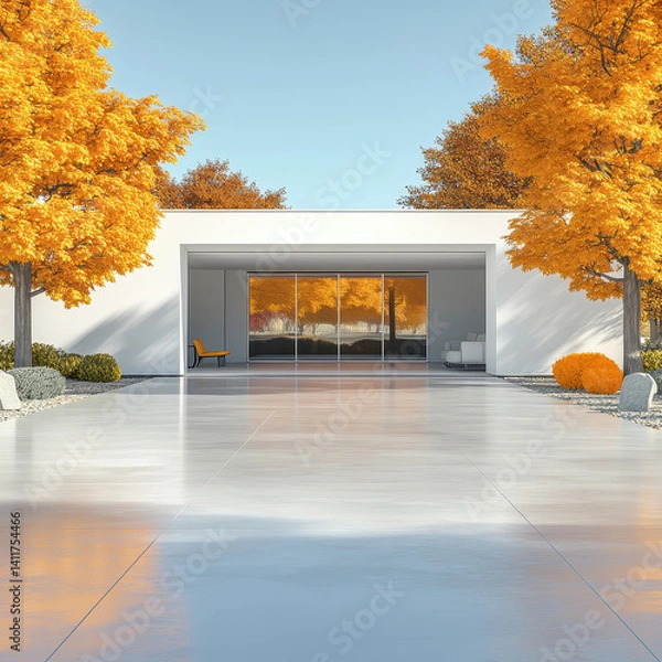 Fototapeta Modern Architectural Design with Autumn Foliage and Clear Sky