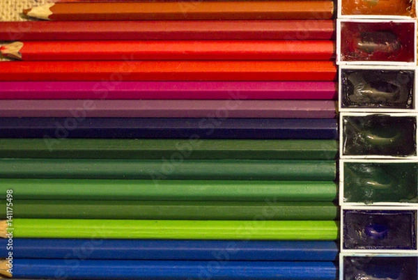 Obraz Pencils and paints, multicolor, top view