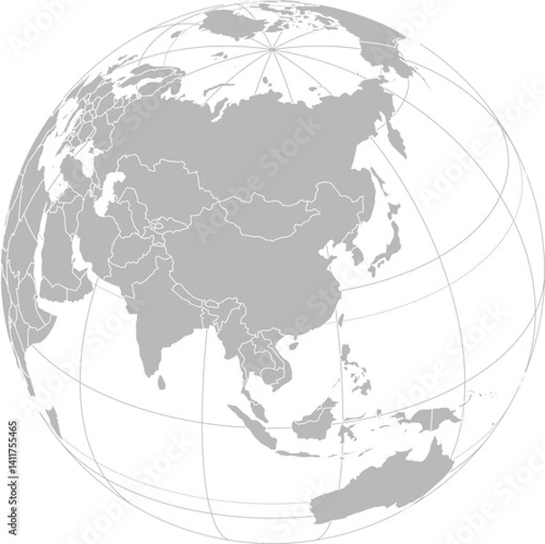 Fototapeta World vector map with country boundaries and graticules (China-centered view, orthographic projection, PPT-compatible & fully editable)