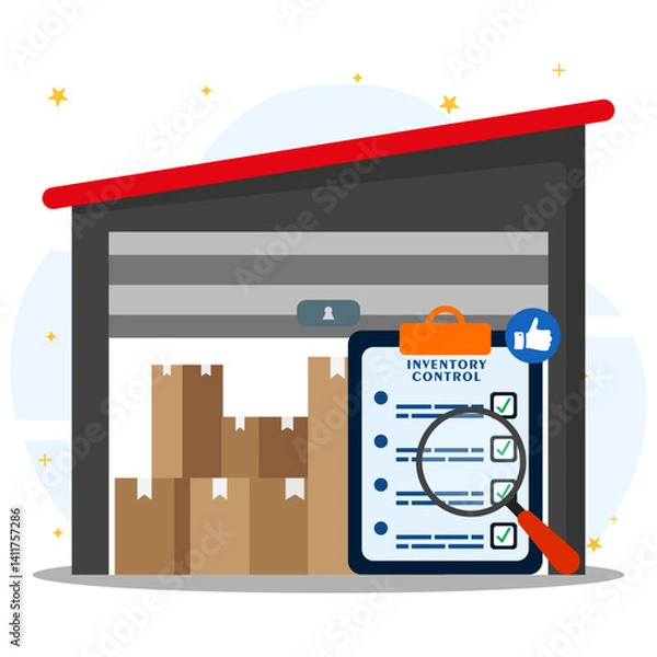 Fototapeta Concept inspecting stock of goods in a storage warehouse. Document of inventory control, checklist availability of goods, storage management, checking supply of goods. 