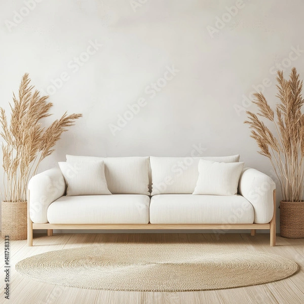 Fototapeta Modern White Sofa with Natural Elements in Minimalist Interior Design