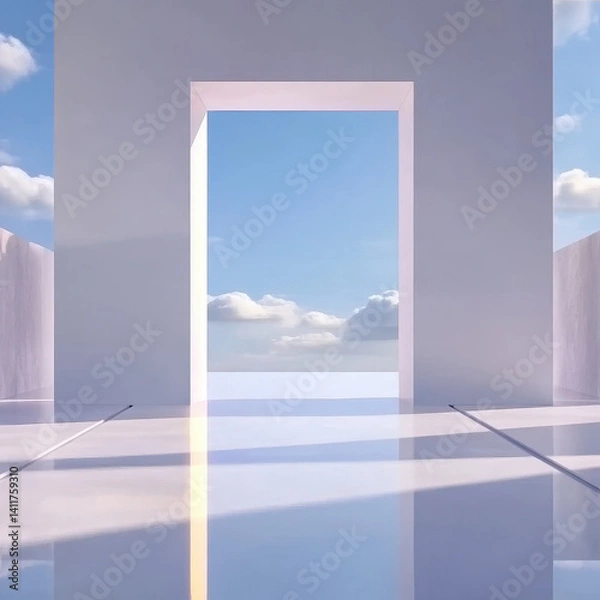 Fototapeta Minimalist Architectural Space with Open Door and Blue Sky View