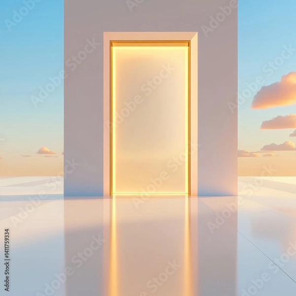Fototapeta Bright Open Doorway Leading to a Serene Landscape at Sunrise