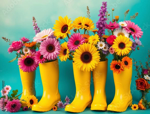 Fototapeta colorful still life photograph featuring a row of nine bright yellow rubber boots, each filled with an array of diverse and colorful flowers