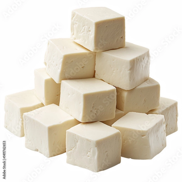 Fototapeta Stack of freshly cut soft white tofu cubes with smooth surfaces and light porous texture, isolated on transparent background.
