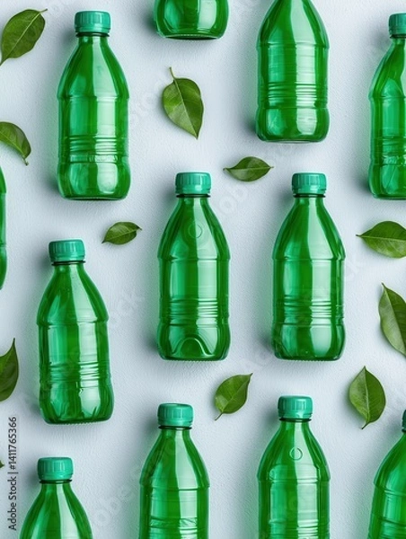 Fototapeta Green Plastic Bottles Arranged on Surface Surrounded by Leaves in Modern Aesthetic Design