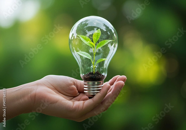 Obraz Hand holding light bulbs and growing plants Environment Sustainability Save the world clean Ecology concept. Earth Day banner,germ bud, development, friendly, growing, with copy space, ai generated