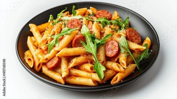 Fototapeta A vibrant plate of penne pasta mixed with slices of sausage and fresh arugula, garnished with herbs and spices.