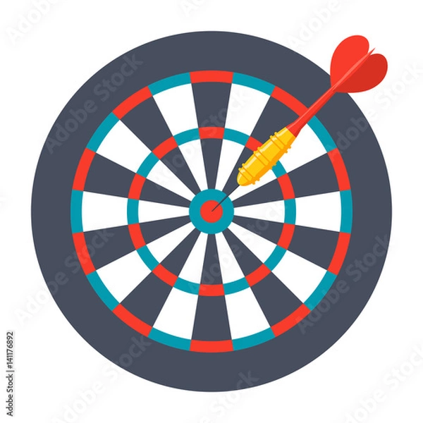 Fototapeta Dart in center of dartboard, vector illustration in flat design