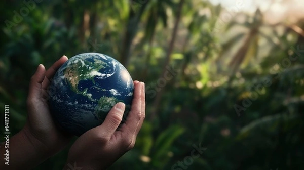 Fototapeta Hands holding Earth model in a lush jungle