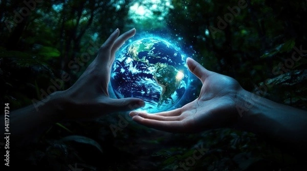 Fototapeta Earth held in hands, rainforest background, serene scene, environmental awareness