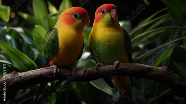 Fototapeta Colorful parrots on branch in lush foliage