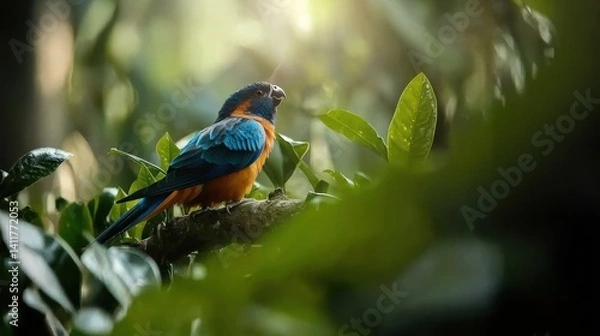 Fototapeta Colorful parrot perched on branch in lush forest, sunlit background