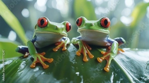 Fototapeta Red-eyed tree frogs on a leaf in a lush rainforest