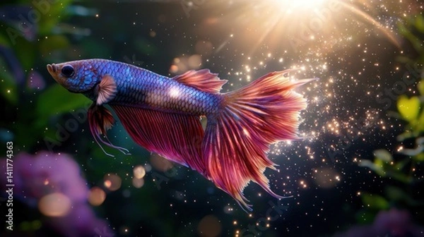 Fototapeta Majestic Betta Fish in Lush Aquarium with Sparkling Background